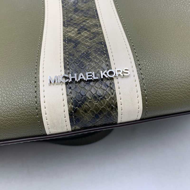 【中古品】【レディース】 MICHAEL KORS マイケルコース HAMILTON MEDIUM LEATHER AND SNAKE EMBOSSED STRIPE SATCHEL ハミルトン ミディアム レザー アンド スネーク エンボスド ストライプ サッチェル カバン 鞄 188-260804-ya-02-izu カラー：カーキ 万代Net店