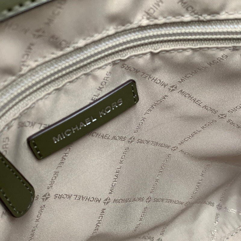 【中古品】【レディース】 MICHAEL KORS マイケルコース HAMILTON MEDIUM LEATHER AND SNAKE EMBOSSED STRIPE SATCHEL ハミルトン ミディアム レザー アンド スネーク エンボスド ストライプ サッチェル カバン 鞄 188-260804-ya-02-izu カラー：カーキ 万代Net店