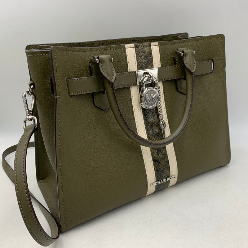 【中古品】【レディース】 MICHAEL KORS マイケルコース HAMILTON MEDIUM LEATHER AND SNAKE EMBOSSED STRIPE SATCHEL ハミルトン ミディアム レザー アンド スネーク エンボスド ストライプ サッチェル カバン 鞄 188-260804-ya-02-izu カラー：カーキ 万代Net店