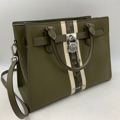 【中古品】【レディース】 MICHAEL KORS マイケルコース HAMILTON MEDIUM LEATHER AND SNAKE EMBOSSED STRIPE SATCHEL ハミルトン ミディアム レザー アンド スネーク エンボスド ストライプ サッチェル カバン 鞄 188-260804-ya-02-izu カラー：カーキ 万代Net店