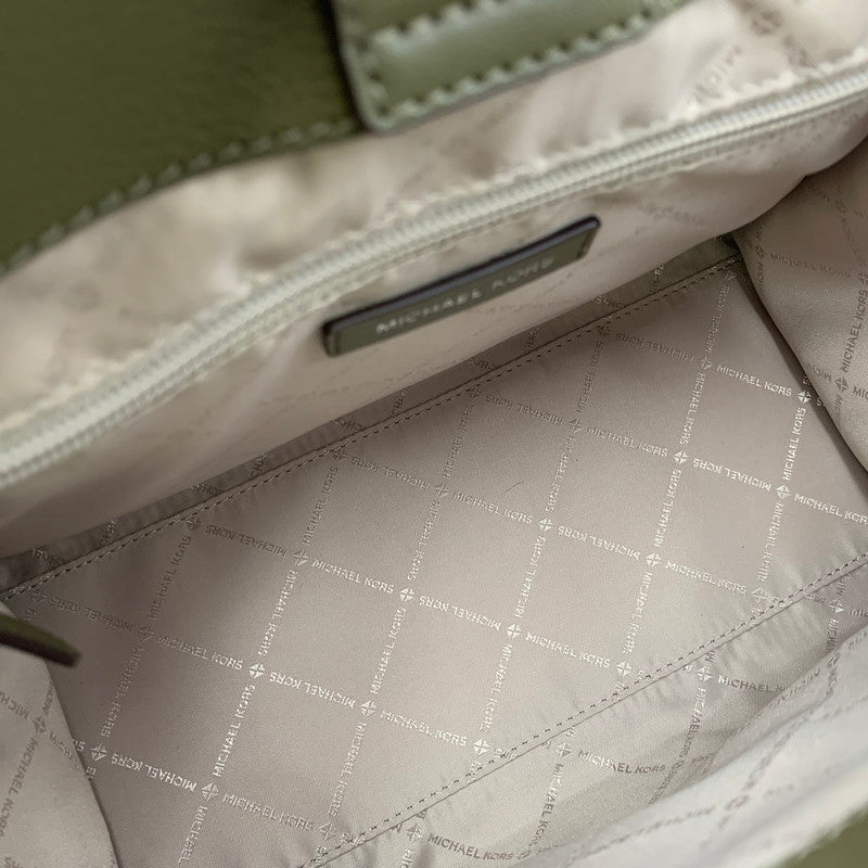 【中古品】【レディース】 MICHAEL KORS マイケルコース HAMILTON MEDIUM LEATHER AND SNAKE EMBOSSED STRIPE SATCHEL ハミルトン ミディアム レザー アンド スネーク エンボスド ストライプ サッチェル カバン 鞄 188-260804-ya-02-izu カラー：カーキ 万代Net店