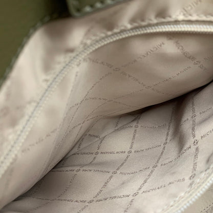 【中古品】【レディース】 MICHAEL KORS マイケルコース HAMILTON MEDIUM LEATHER AND SNAKE EMBOSSED STRIPE SATCHEL ハミルトン ミディアム レザー アンド スネーク エンボスド ストライプ サッチェル カバン 鞄 188-260804-ya-02-izu カラー：カーキ 万代Net店