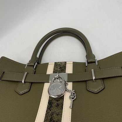 【中古品】【レディース】 MICHAEL KORS マイケルコース HAMILTON MEDIUM LEATHER AND SNAKE EMBOSSED STRIPE SATCHEL ハミルトン ミディアム レザー アンド スネーク エンボスド ストライプ サッチェル カバン 鞄 188-260804-ya-02-izu カラー：カーキ 万代Net店