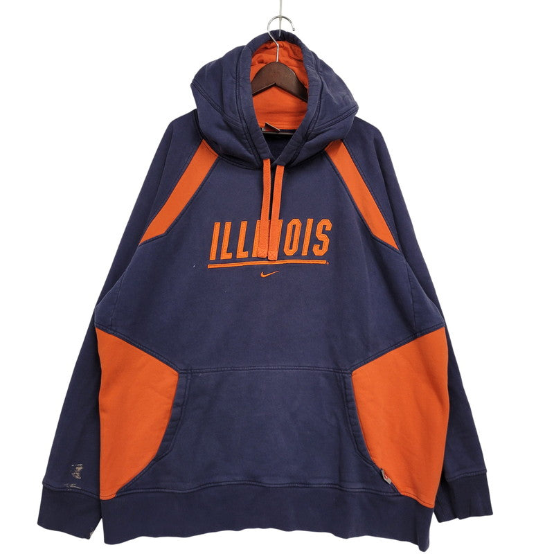 【中古品】【メンズ】 OLD NIKE TEAM オールド ナイキ チーム 90-00S ILLINOIS RAGLAN SLEEVE HOODED SWEATSHIRT イリノイ ラグランスリーブ フーデッドスウェットシャツ トップス 長袖 146-260809-ya-15-izu サイズ：XXL カラー：ネイビー×オレンジ 万代Net店