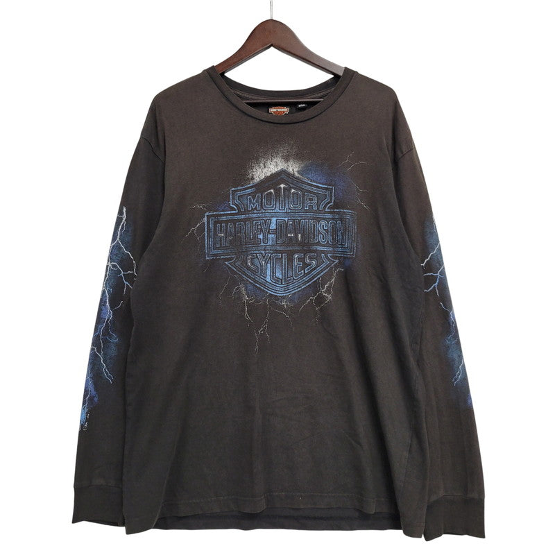 【現状渡し品】【メンズ】 HARLEY DAVIDSON ハーレーダビッドソン ベトナム製 THUNDER PRINT LS TEE サンダー プリント ロングスリーブ Tシャツ トップス 146-260816-kh-09-izu サイズ：M カラー：ブラック 万代Net店