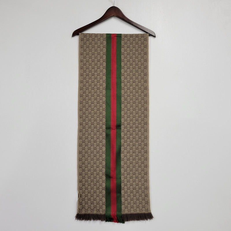 【中古品】【メンズ/レディース】 GUCCI グッチ GG柄 ウェブライン マフラー 183-260902-as-18-izu サイズ：37×180cm カラー：ブラウン系 万代Net店