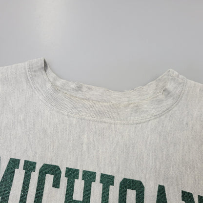 【中古品】【メンズ】 CHAMPION チャンピオン トリコタグ中期 染み込みプリント USA製 80S MICHIGAN STATE REVERSE WEAVE SWEATSHIRT リバースウィーブ スウェットシャツ トップス 長袖 146-260904-cs-01-izu サイズ：XL カラー：グレー 万代Net店