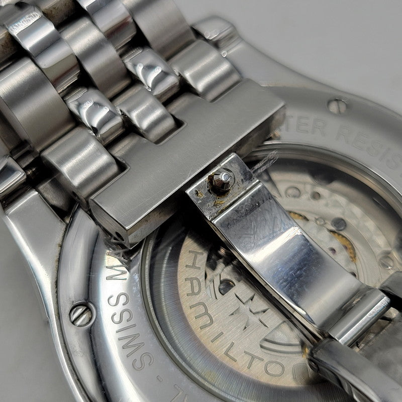 【中古品】【メンズ/レディース】 HAMILTON ハミルトン AMERICAN CLASSIC SPIRIT OF LIBERTY AUTOMATIC DATE H-424151 アメリカン クラシック スピリット オブ リバティ 裏スケルトン 腕時計 197-260907-as-04-izu カラー：シルバー 万代Net店