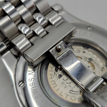 【中古品】【メンズ/レディース】 HAMILTON ハミルトン AMERICAN CLASSIC SPIRIT OF LIBERTY AUTOMATIC DATE H-424151 アメリカン クラシック スピリット オブ リバティ 裏スケルトン 腕時計 197-260907-as-04-izu カラー：シルバー 万代Net店