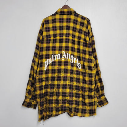【現状渡し品】【メンズ】 PALM ANGELS パームエンジェルス FLANNEL CURVED LOGO OVERSHIRT PMGA079F20FAB001 フランネル ロゴ オーバーシャツ チェック 長袖 142-260909-as-20-izu サイズ：48 カラー：イエロー系 万代Net店