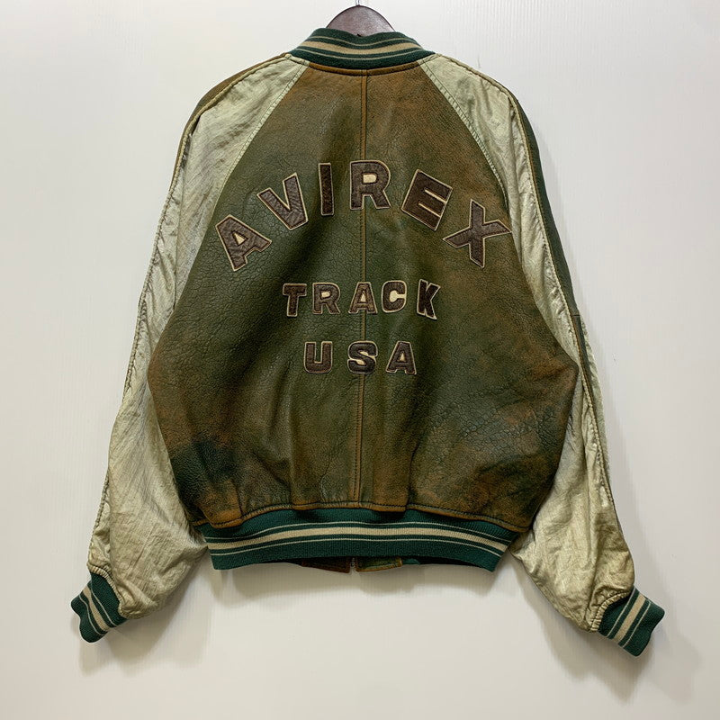 【現状渡し品】【メンズ】 AVIREX アヴィレックス AMERICAN CLASSICS アメリカン クラシックス 切替 AVIREX TRACK USA LEATHER JACKET レザー ジャケット アウター 146-260909-cs-11-izu サイズ：L カラー：グリーン系 万代Net店