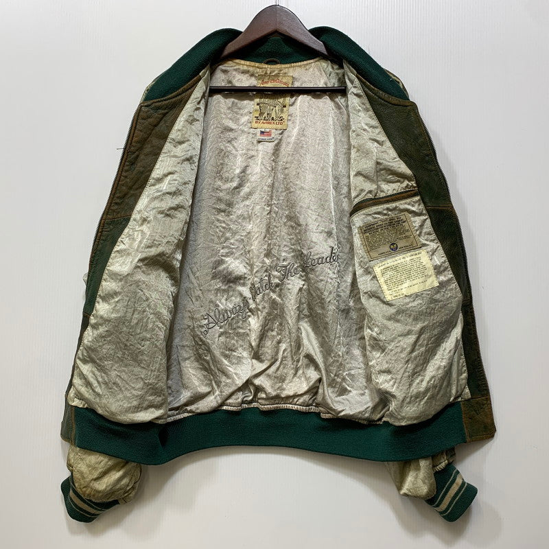 【現状渡し品】【メンズ】 AVIREX アヴィレックス AMERICAN CLASSICS アメリカン クラシックス 切替 AVIREX TRACK USA LEATHER JACKET レザー ジャケット アウター 146-260909-cs-11-izu サイズ：L カラー：グリーン系 万代Net店