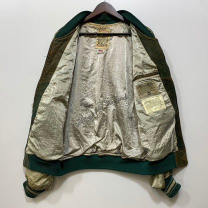 【現状渡し品】【メンズ】 AVIREX アヴィレックス AMERICAN CLASSICS アメリカン クラシックス 切替 AVIREX TRACK USA LEATHER JACKET レザー ジャケット アウター 146-260909-cs-11-izu サイズ：L カラー：グリーン系 万代Net店