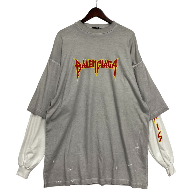 【中古品】【メンズ】 BALENCIAGA バレンシアガ 698089 22SS METAL DOUBLE SLEEVE TEE メタル ダブル スリーブ Tシャツ 長袖 トップス 141-261027-yn-04-izu サイズ：L カラー：グレー×ホワイト 万代Net店