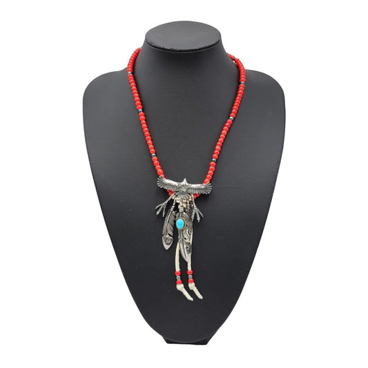 【中古品】【メンズ】 SAAD サード 925 EAGLE＆FEATHER CUSTOM NECKLACE イーグル フェザー カスタム ネックレス アクセサリー 191-261006-cs-20-izu カラー：レッド×シルバー 万代Net店