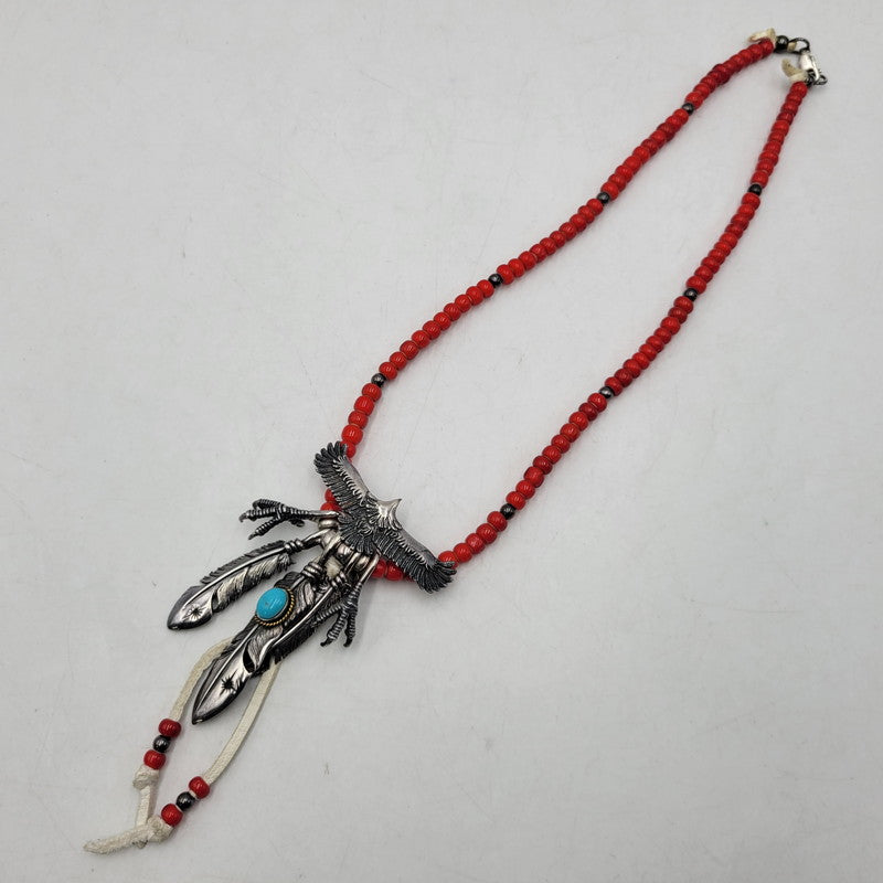 【中古品】【メンズ】 SAAD サード 925 EAGLE＆FEATHER CUSTOM NECKLACE イーグル フェザー カスタム ネックレス アクセサリー 191-261006-cs-20-izu カラー：レッド×シルバー 万代Net店