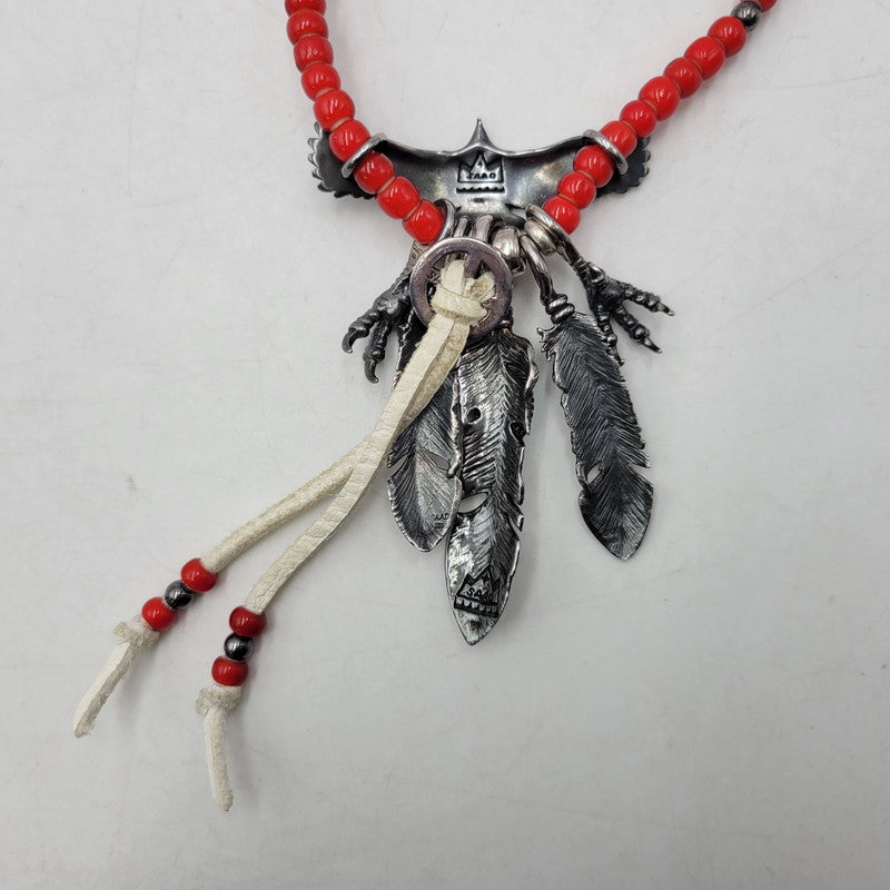 【中古品】【メンズ】 SAAD サード 925 EAGLE＆FEATHER CUSTOM NECKLACE イーグル フェザー カスタム ネックレス アクセサリー 191-261006-cs-20-izu カラー：レッド×シルバー 万代Net店