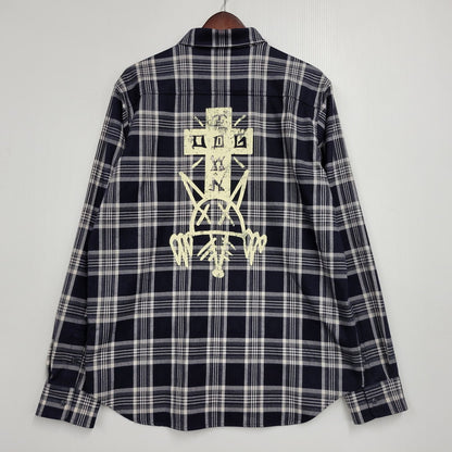 【中古品】【メンズ】 DOG TOWN ドッグタウン LOGO PRINT CHECK SHIRT ロゴ プリント チェック シャツ 長袖 トップス 142-261015-ay-02-izu サイズ：L カラー：ネイビー 万代Net店