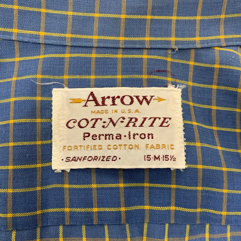 【中古品】【メンズ】 ARROW アロー USA製 OPENCOLLAR CHECK SHIRT オープンカラー チェック シャツ トップス 146-261011-kh-02-izu サイズ：M カラー：ブルー×イエロー 万代Net店