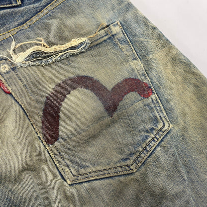 【現状渡し品】【メンズ】 EVISU エヴィス 2504XX NO2 シンチバック カモメ PAINT DENIM PANTS ペイント デニム パンツ ボトムス 157-261013-kh-02-izu サイズ：32×35 カラー：インディゴ 万代Net店