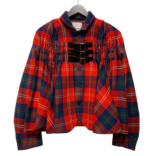 【中古品】【レディース】 COMME DES GARCONS NOIR KEI NINOMIYA コムデギャルソン ノワールケイニノミヤ 3F-J019 BELT SMOCKED TARTAN WOOL JACKET ベルト スモックド タータン ウール ジャケット アウター 168-261019-cs-06-izu サイズ：L カラー：レッド 万代Net店