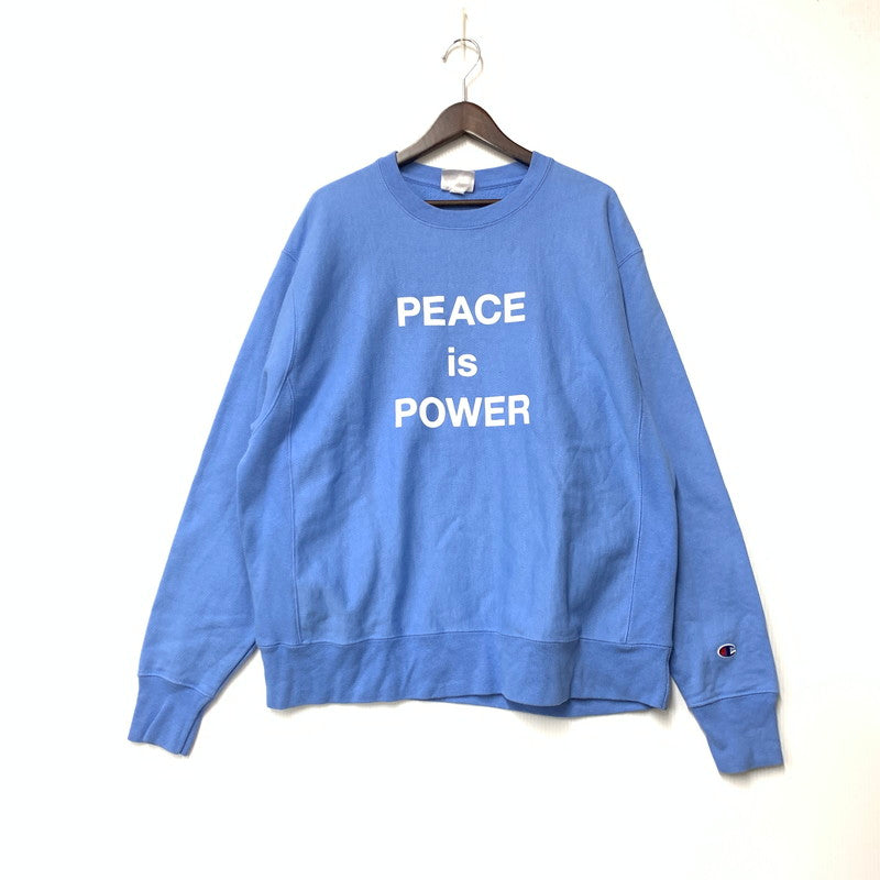 【中古品】【メンズ】 CHAMPION チャンピオン×MOMA YOKO ONO PEACE IS POWER REVERSE WEAVE SWEATSHIRT モマ ヨーコ・オノ ピース イズ パワー リバースウィーブ スウェットシャツ トップス 長袖 140-261027-ya-14-izu サイズ：2XL カラー：ライトブルー 万代Net店