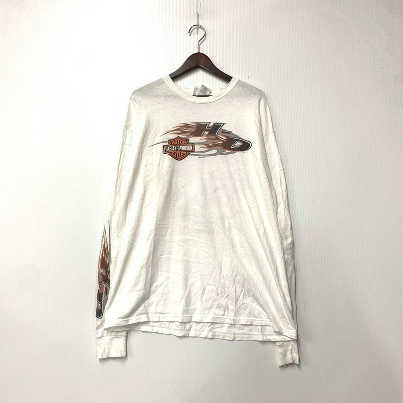 【現状渡し品】【メンズ】 HARLEY DAVIDSON ハーレーダビッドソン メキシコ製 c2014 FLAME LOGO L S TEE フレーム ロゴ ロングスリーブ Tシャツ トップス 長袖 145-261027-ya-13-izu サイズ：XL カラー：ホワイト 万代Net店