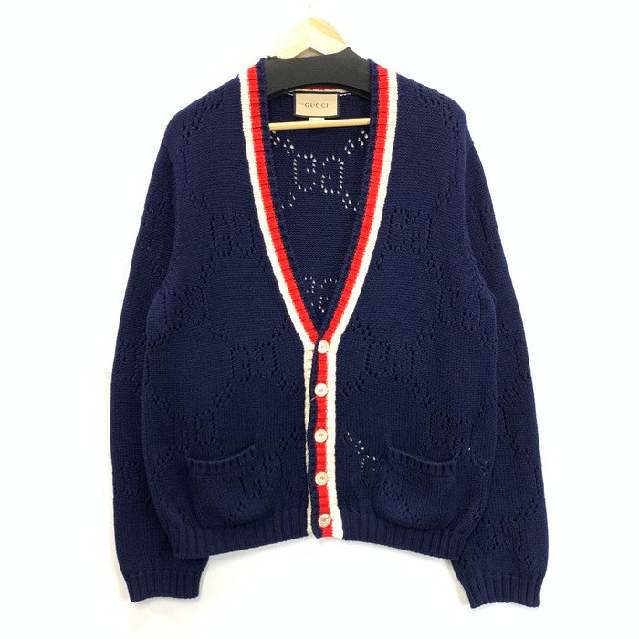 【中古品】【メンズ】 GUCCI グッチ 740503 パーフォレーテッドGGコットンカーディガン トップス ブランド 古着 141-240810-gm-36-fuz サイズ：L カラー：ネイビー 万代Net店