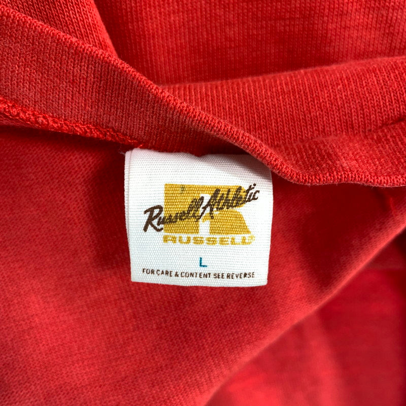 【中古品】【メンズ】 RUSSELL ラッセル 70年代 フットボール TEE Tシャツ 金タグ USA製 ナンバリング28 トップス 古着 145-260608-mh-01-fuzh サイズ：L カラー：レッド 万代Net店