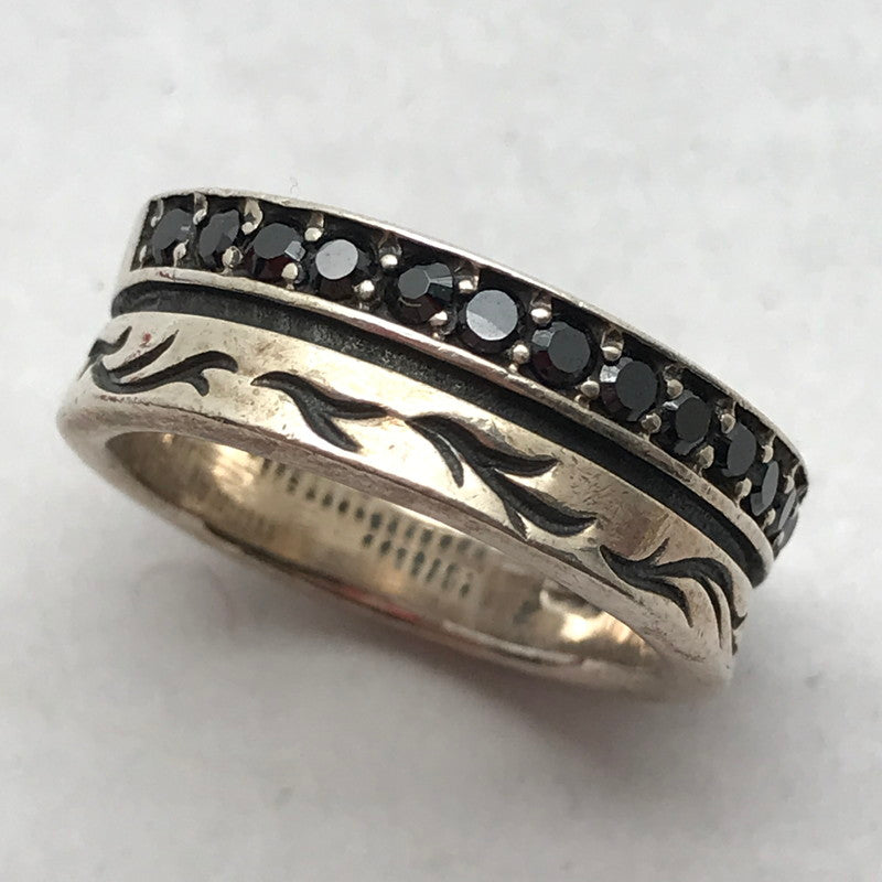 【中古品】【メンズ】 シルバーリング SILVER 925 15号 黒ストーン.植物 アクセサリー 指輪 リング アクセ ※使用感あり 193-260804-IO-07-fuzh 万代Net店