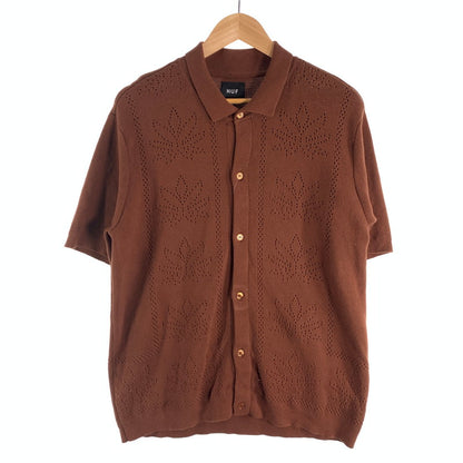 【中古品】【メンズ】 HUF PLANTLIFE PERFORATED SS KNIT ハフ 半袖カーディガン 半袖シャツ ブランド 古着 ニットシャツ 142-260509-gm-35-fuz サイズ：S カラー：ブラウン 万代Net店