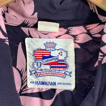 【中古品】【メンズ】 DUKE KAHANAMOKU デューク・カハナモク COTTON HAWAIIAN SS SHIRT コットンハワイアン半袖シャツ ブランド 古着 145-260614-gm-02-fuz サイズ：S カラー：ネイビー ピンク 総柄 万代Net店