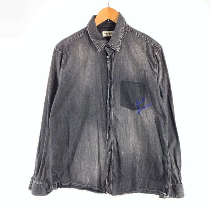 【中古品】【メンズ】 SAINT LAURENT DV19 483075 Y880M 1505 サンローラン ロゴ刺繍 長袖シャツ トップス ブランド 古着 141-260627-gm-21-fuz サイズ：M カラー：ブラック 万代Net店