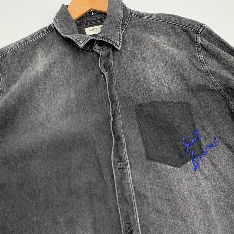 【中古品】【メンズ】 SAINT LAURENT DV19 483075 Y880M 1505 サンローラン ロゴ刺繍 長袖シャツ トップス ブランド 古着 141-260627-gm-21-fuz サイズ：M カラー：ブラック 万代Net店