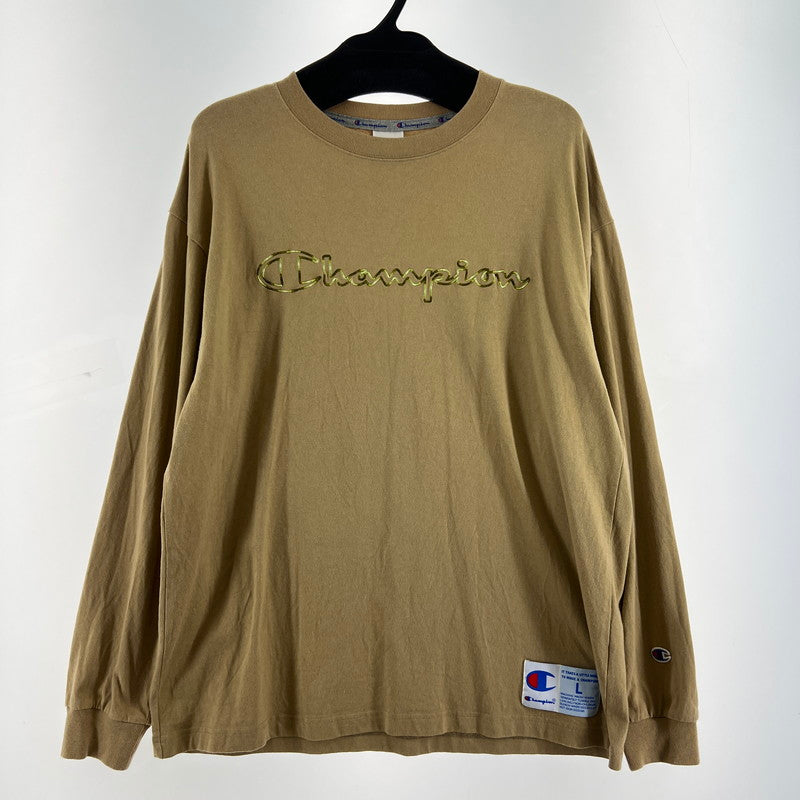 【中古品】【メンズ】 CHAMPION チャンピオン 長袖Tシャツ ロンT ベージュ SIZE:L グリーンロゴ刺しゅう 148-260919-io-16-fuzh 万代Net店