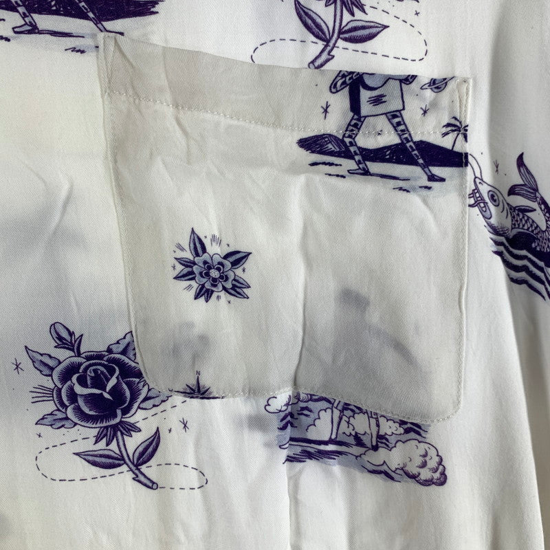 【中古品】【メンズ】 SON OF THE CHEESE サノバチーズ SERGIO MORA ALOHA セルジオ・モラ アロハ 半袖シャツ WHITE.紫総柄 SIZE:M 142-260818-io-11-fuzh カラー：ホワイト 万代Net店