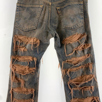 【中古品】【メンズ】 INNOCENCE イノセンス OVER DESTROY DENIM PANTS オーバーデストロイ デニムパンツ INDIGO.ORANGE SIZE:33 ダメージ加工 ※裾リペア・ダメージ・タグ切り取り跡有 153-260815-io-01-fuzh カラー：インディゴ/オレンジ 万代Net店