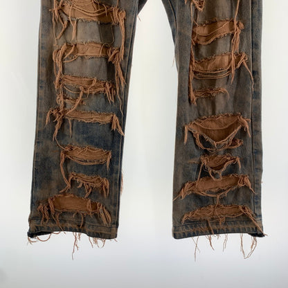 【中古品】【メンズ】 INNOCENCE イノセンス OVER DESTROY DENIM PANTS オーバーデストロイ デニムパンツ INDIGO.ORANGE SIZE:33 ダメージ加工 ※裾リペア・ダメージ・タグ切り取り跡有 153-260815-io-01-fuzh カラー：インディゴ/オレンジ 万代Net店