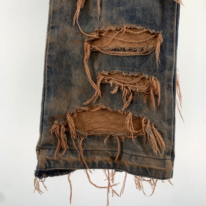 【中古品】【メンズ】 INNOCENCE イノセンス OVER DESTROY DENIM PANTS オーバーデストロイ デニムパンツ INDIGO.ORANGE SIZE:33 ダメージ加工 ※裾リペア・ダメージ・タグ切り取り跡有 153-260815-io-01-fuzh カラー：インディゴ/オレンジ 万代Net店