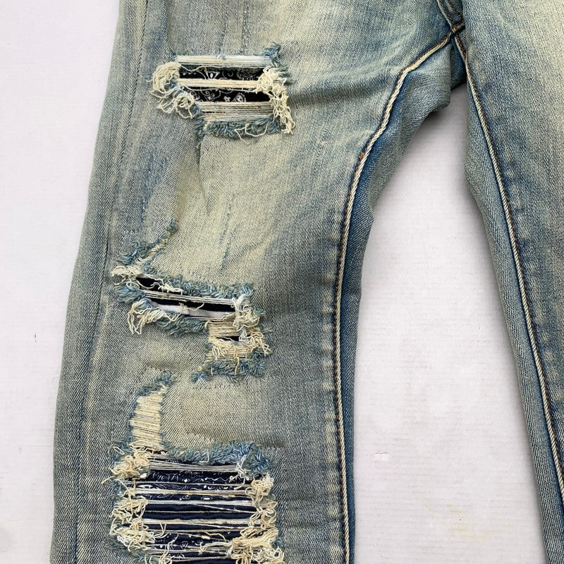 【中古品】【メンズ】 MNML RN139488 STRETCH DENIM ストレッチデニム パンツ ジーンズ ジーパン INDIGO ダメージ加工 バンダナ柄 SIZE:32 153-260909-io-06-fuzh カラー：インディゴ 万代Net店
