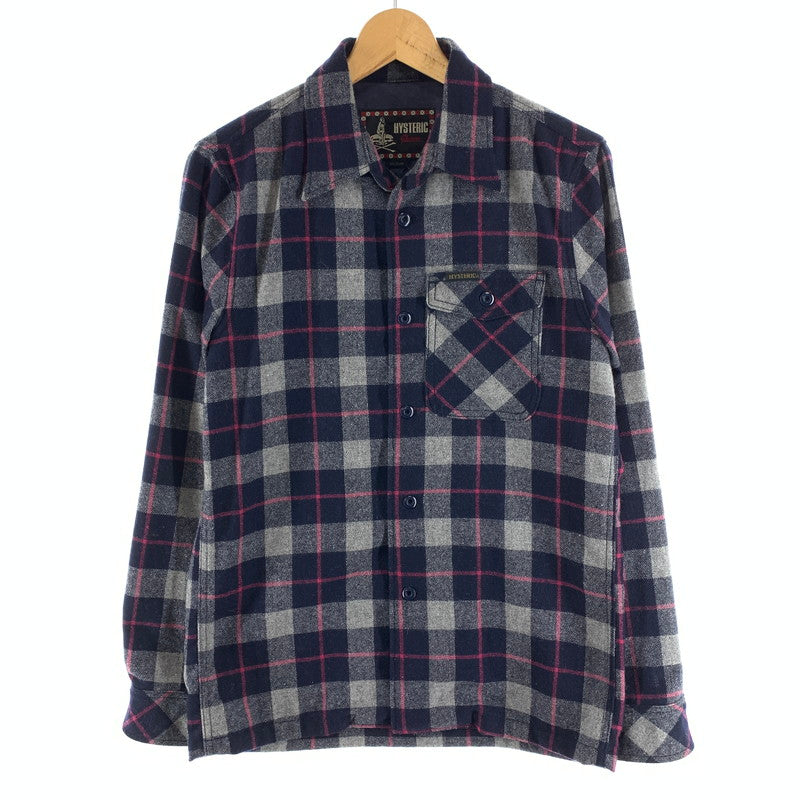 【中古品】【メンズ】 HYSTERIC GLAMOUR ヒステリックグラマー WOOL LS SHIRT ウール長袖シャツ ブランド 古着 140-260923-gm-25-fuzh サイズ：M カラー：ネイビー ピンク 万代Net店