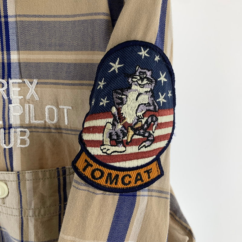 【中古品】【メンズ】 AVIREX アヴィレックス 6185092 EMBROIDERED CHECK SHIRT チェックシャツ 長袖シャツ BEIGE 男性 145-260927-io-13-fuzh サイズ：L カラー：ベージュ 万代Net店
