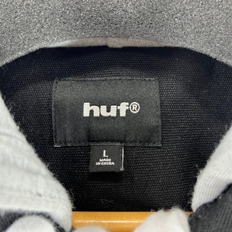 【中古品】【メンズ】 HUF ハフ OLYMPIA HOODED OVERSHIRT 缶バッジ付 ×2 オリンピア フーデッド オーバーシャツ 142-261015-ny-11-fuzh サイズ：L カラー：ブラック グレー 万代Net店