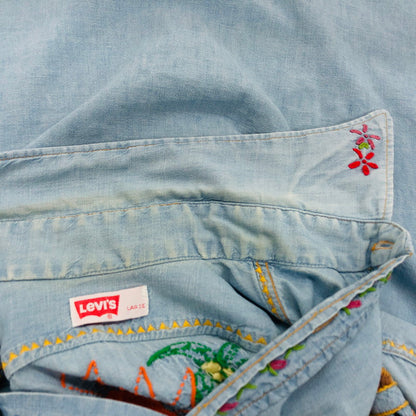 【ジャンク品】【メンズ】 Levi's リーバイス 70's 刺繍デニムシャツ カジュアルシャツ 長袖 トップス 147-240904-hn-06-fur サイズ：L カラー：ブルー 万代Net店