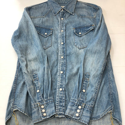 【中古品】【メンズ】 REMI RELIEF レミレリーフ PLAIN DENIM WESTERN SHIRT プレーン デニム ウエスタン シャツ 長袖 トップス 140-250709-yo-01-tei サイズ：M カラー：ライトインディゴ 万代Net店