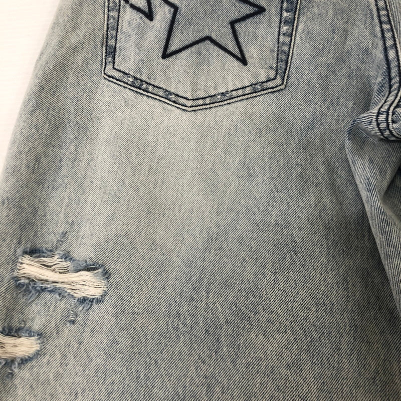 【中古品】【メンズ】 A BATHING APE アベイシングエイプ DESTROYED STA RELAXED FIT 13OZ DENIM SHORTS 001DSL301304M デストロイド スタ リラックスド フィット 13オンス デニムショーツ ボトムス ハーフパンツ ショートパンツ 158-250629-kk-30-tei サイズ：M カラー：ライトインディゴ 万代Net店