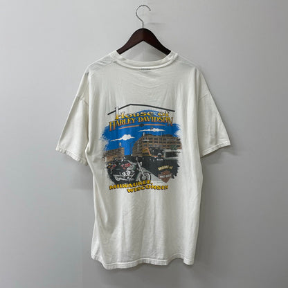【中古品】【メンズ】 HARLEY DAVIDSON ハーレーダビッドソン 90's MILWAUKEE WISCONSIN S/S PRINT TEE 90年代 ミルウォーキー ウィスコンシン州 ショートスリーブ プリント Tシャツ 半袖 トップス 145-250701-kk-11-tei サイズ：サイズタグ欠損 下記参照 カラー：ホワイト 万代Net店
