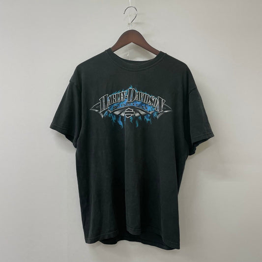 【中古品】【メンズ】 HARLEY DAVIDSON ハーレーダビッドソン BLUE FIRE LOGO BACK THUNDER PRINT TEE ブルーファイヤー ロゴ バックサンダープリント Tシャツ 半袖 トップス HANESボディ 145-250701-kk-14-tei サイズ：L カラー：ブラック 万代Net店