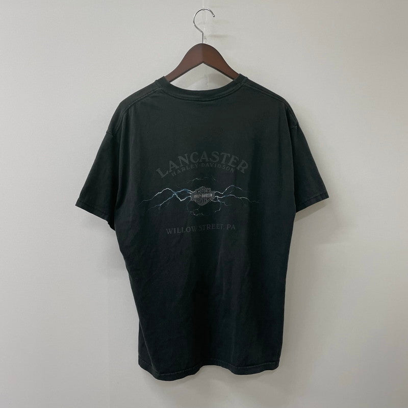 【中古品】【メンズ】 HARLEY DAVIDSON ハーレーダビッドソン BLUE FIRE LOGO BACK THUNDER PRINT TEE ブルーファイヤー ロゴ バックサンダープリント Tシャツ 半袖 トップス HANESボディ 145-250701-kk-14-tei サイズ：L カラー：ブラック 万代Net店