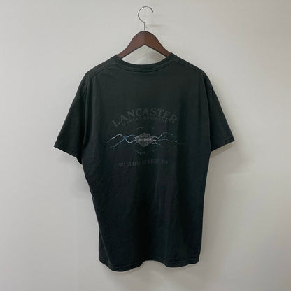【中古品】【メンズ】 HARLEY DAVIDSON ハーレーダビッドソン BLUE FIRE LOGO BACK THUNDER PRINT TEE ブルーファイヤー ロゴ バックサンダープリント Tシャツ 半袖 トップス HANESボディ 145-250701-kk-14-tei サイズ：L カラー：ブラック 万代Net店